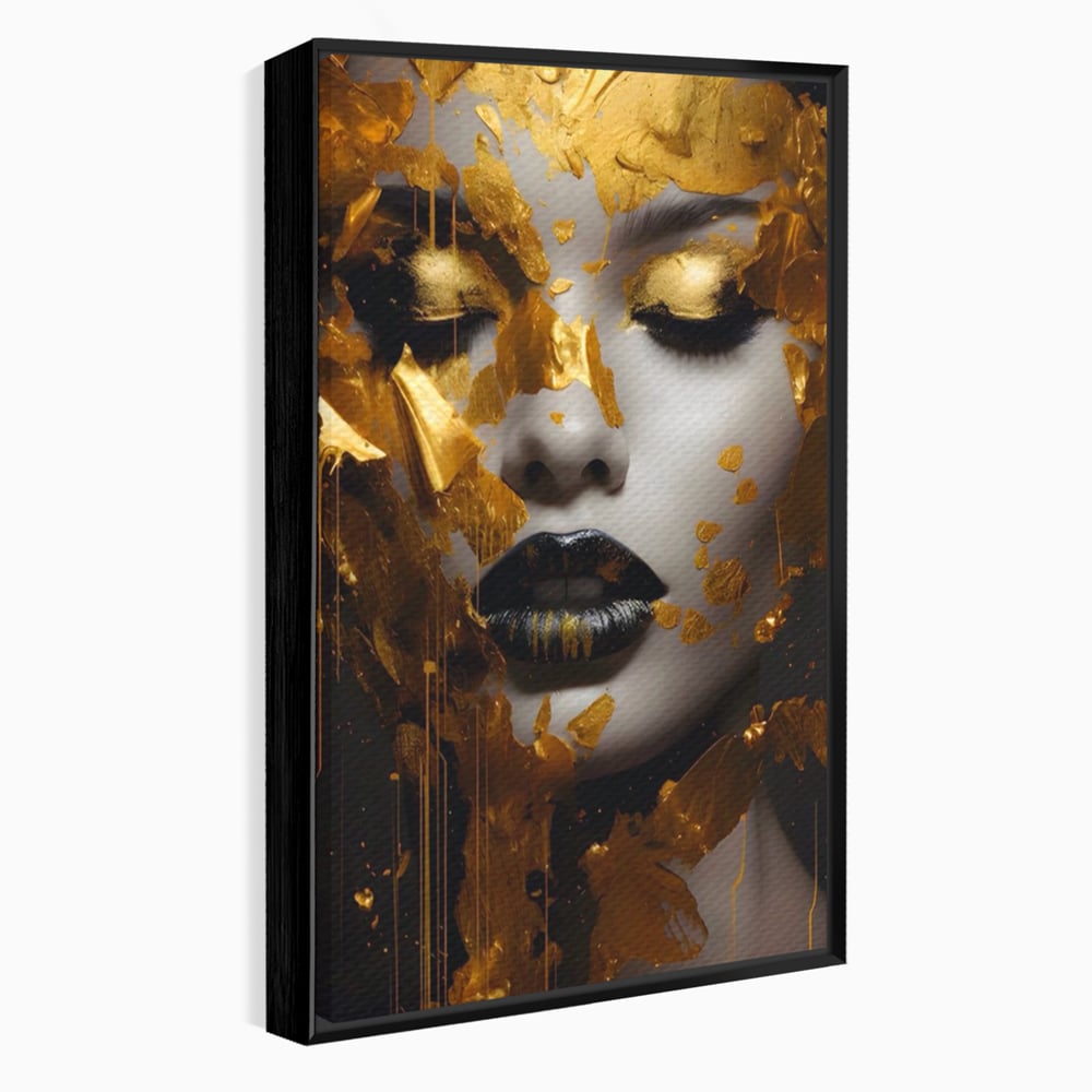 Tablou canvas cu tablou canvas cu portret feminin auriu, in rama de aluminiu negru